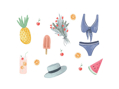 SUMMER ILLUSTRATIONS botanical design digital painting floral fruit graphic design hand drawn illustration illustration design illustrator orange summer summer party summertime swimwear tropical