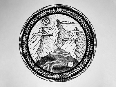 Exercise in Patience - Beginnings hand drawn ink mandala moon mountains paper pen stars stippling sun