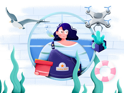 Girl by the window blue colorful drone girl illustration lucky pink sea window