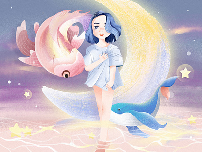 Pisces fish girl moon moonlight pisces sea star whale
