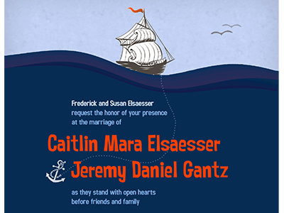 Jeremy & Caitlin Wedding Invitation: Outside anchor bird blue boat invitation maritime ocean orange sail ship water wedding