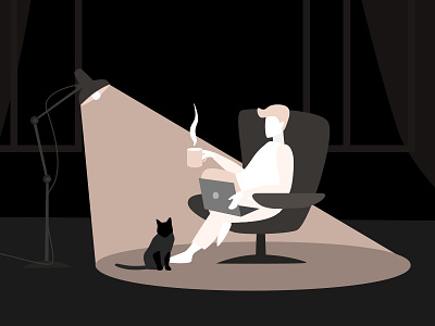 Home cat chair coffee comfort cup home illustration laptop light men night sketch vector