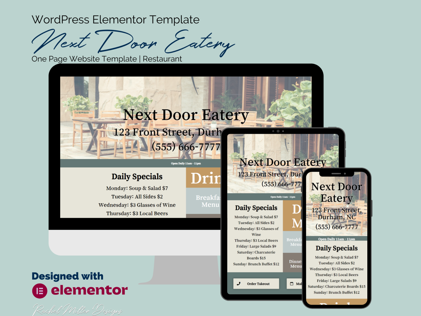 Next Door Eatery One Page Elementor site Template by Rachel Miller