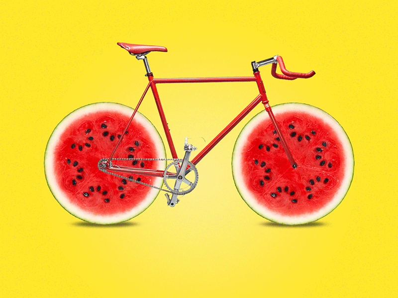 Summer promo animated graphic 8fit animated animated gif app bicycle clever combinations design fun gif graphic red watermelon whimsical yellow