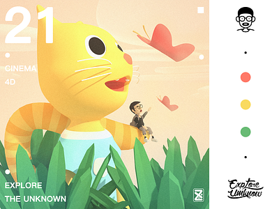 【20】探索 - 小猫 c4d 三维 低多边形 卡通形象 品牌 插图 插画 设计