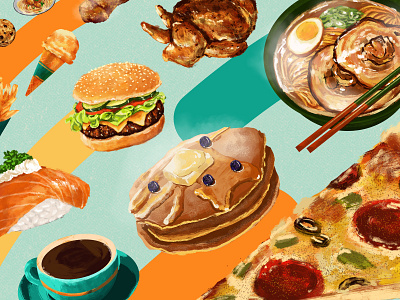 What are your cravings? burger chicken coffee cookie exciting food food and drink fries fun icecream illustration illustrator pancake pasta pizza ramen space design sushi tasty wall mural