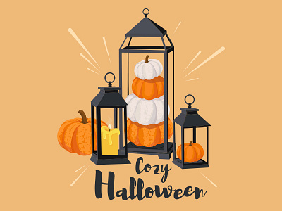 Cozy Halloween! autumn candle halloween illustration lanterns pumpkins vector