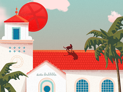 Hello Dribble cat dribbble first hello house illustration invite landscape pink shot stroke thanks