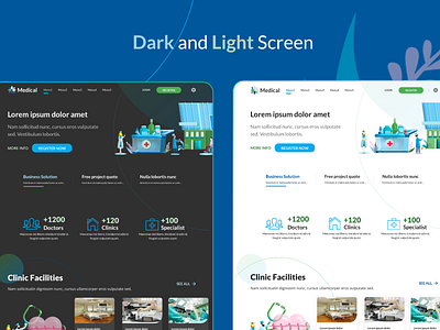 Dark and Light Medical Landing Page 3d character clean cllinic corporate dark mode doctor figma homepage hospital html illustration landing page material ui medical simple single page ui ux website
