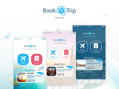 BookMyTrip - Mobile UI Kit Traveling Apps app app design booking clean design ecommerce flight holiday hotel ios mobile promotion simple tourism tours travel travel agency trip ui ux vacations