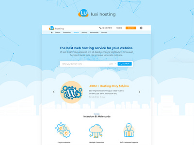 Luxi Hosting blue cloud domain name homepage hosting illustration internet landing page listing old school parallax search engine server service single page sky technology ui ux vintage
