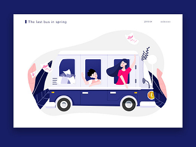 The last bus in spring banner character illustration spring web