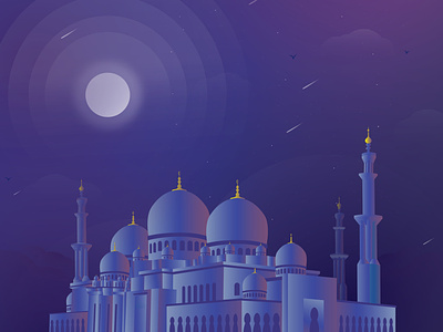 Shiek Zayed Mosque Illustration for Mobile App app clean color colors illustration imhassanali islam masjid minimal mobile app modern mosque night prayer procreate ui ux vector web apps website