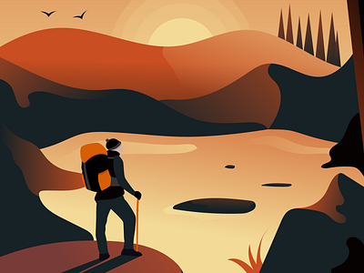 Hiking in the wild backpacking character design digital art hiking illustration illustrator lake landscape layout mountains orange sunrise sunset travel traveling ui vector