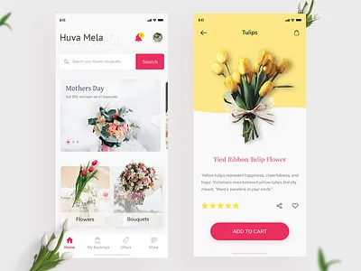 Flower App ( ಹುವಾ ಮೇಳ ) app bouquets deliver ecommerce app floral florist flower flowerapp flowershop ios ios11 iphone iphonex minimal presentation tulips ui ux whitespace yellow