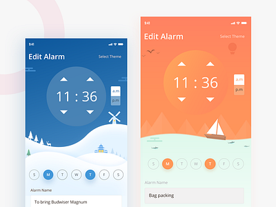Alarm app with different themes alarm app design halloween home ios ios11 iphonex landing sea snooze snow themes ui ux valentine wakeup