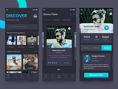 Concept of personal trainers app app cards concept dark drone favorite filter gradient ios ios11 iphonex message nearby presentation reviews search slide tabbar trainer trainers