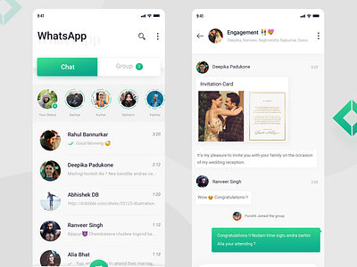 WhatsApp Redesign cards chat design gradient green group group chat ios iphonex joined message presentation redesign search seen status tick uidesign ux design whatsapp