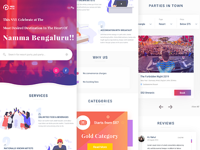 New Year Party Booking ( Responsive Website ) 2019 banner book booking cards categories events gradient new year 2019 new year eve party responsive responsive website reviews search services social media ticket website