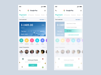 Google Pay Redesign card cards drop down friends google pay illustration invite ios ios11 iphonex pay payment presentation tez transaction wallet