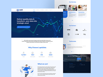 LapisData Website blue button cards component design design graphic graphs illustrations landing page lapisdata logos numbers testimonials title ui design ux design website what we are