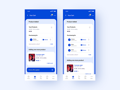 Mobile App add add more app blue button card cards cartoon delete design footer list mobile app notification tabs visual design visual identity visualization your cart