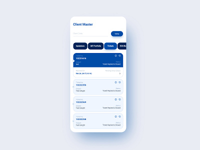 Client Master Mobile App accordion app blue branding button card design design icons input field mobile design page tabs uiux design visual design