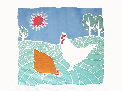 Chickens and Fields: Silk painting chickens design dyed silk farm farmlife field graphic landscape silk painting