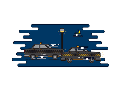 Few Black Taxis Drive Up Major Roads On Quiet Hazy Nights car drive haze illustration night outline pangram quiet road taxi vector