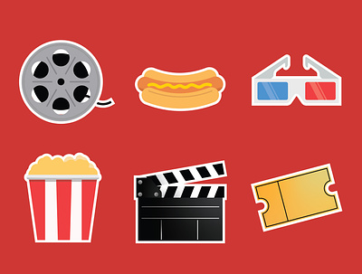 Movie & Snack Icons 3d glasses clapperboard film hot dog icon illustration movies popcorn ticket vector