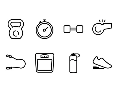 Gym Icons barbell design gym icon icons illustration jump rope kettlebell stopwatch tennis shoes vector water bottle weight scale whistle