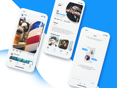 Barber App app blue chat colors design feed illustration mobile modern new product profile typography ui ux