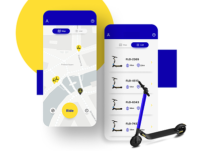 Electric Scooter App app application blue branding colors design electric minimal mobile modern new product rent rental scooter scooters ui ux yellow