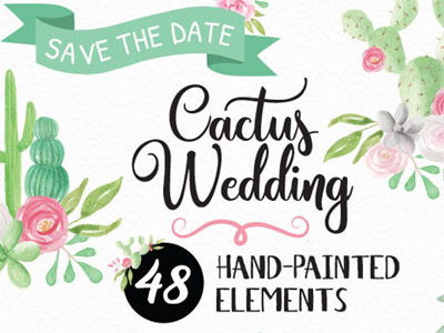 Cactus Wedding Watercolour Hand Drawn Elements Set