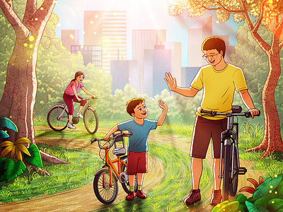 Family Cycling adobe animation art atmosphere character design children colourful concept art cycling design digitalart drawing family fun graphic illustration mood morning photoshop sketch