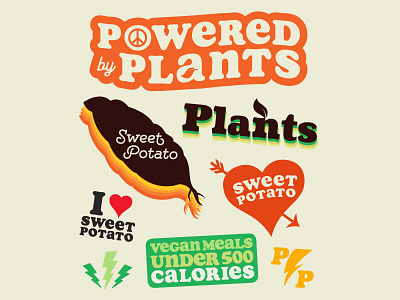 Powered by Plants Graphics 70s badge brand design icons illustration logo pin retro sticker typography vegan vegetarian vintage