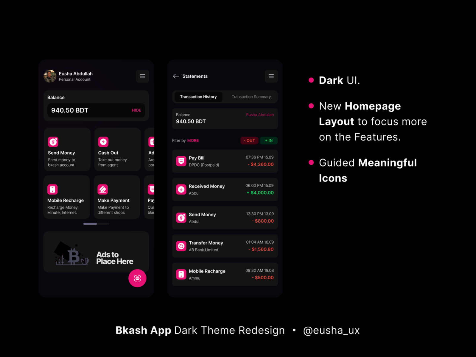Bkash App Dark Theme Redesign by Eusha on Dribbble
