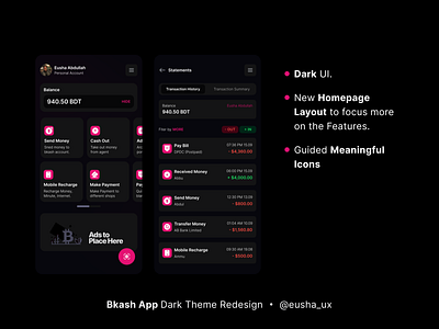 Bkash App Dark Theme Redesign bangladesh bkash dark darkui design finance fintech mobile pink transaction ui ux