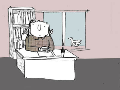 At the desk before the surprise bird childrens picture book desk illustration