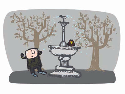 Cold Shower bird fountain illustration park shower trees