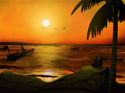 Sunset beach birds boat couple fishermen ocean palm leaf palm tree procreate rock sun sunset waves