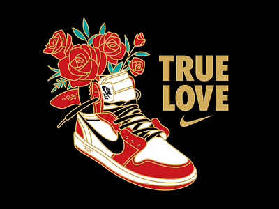 True Love | Nike adobe illustrator air jordan one aj1 black gold illustration love maney imagination nike off white red roses sneakers true vector