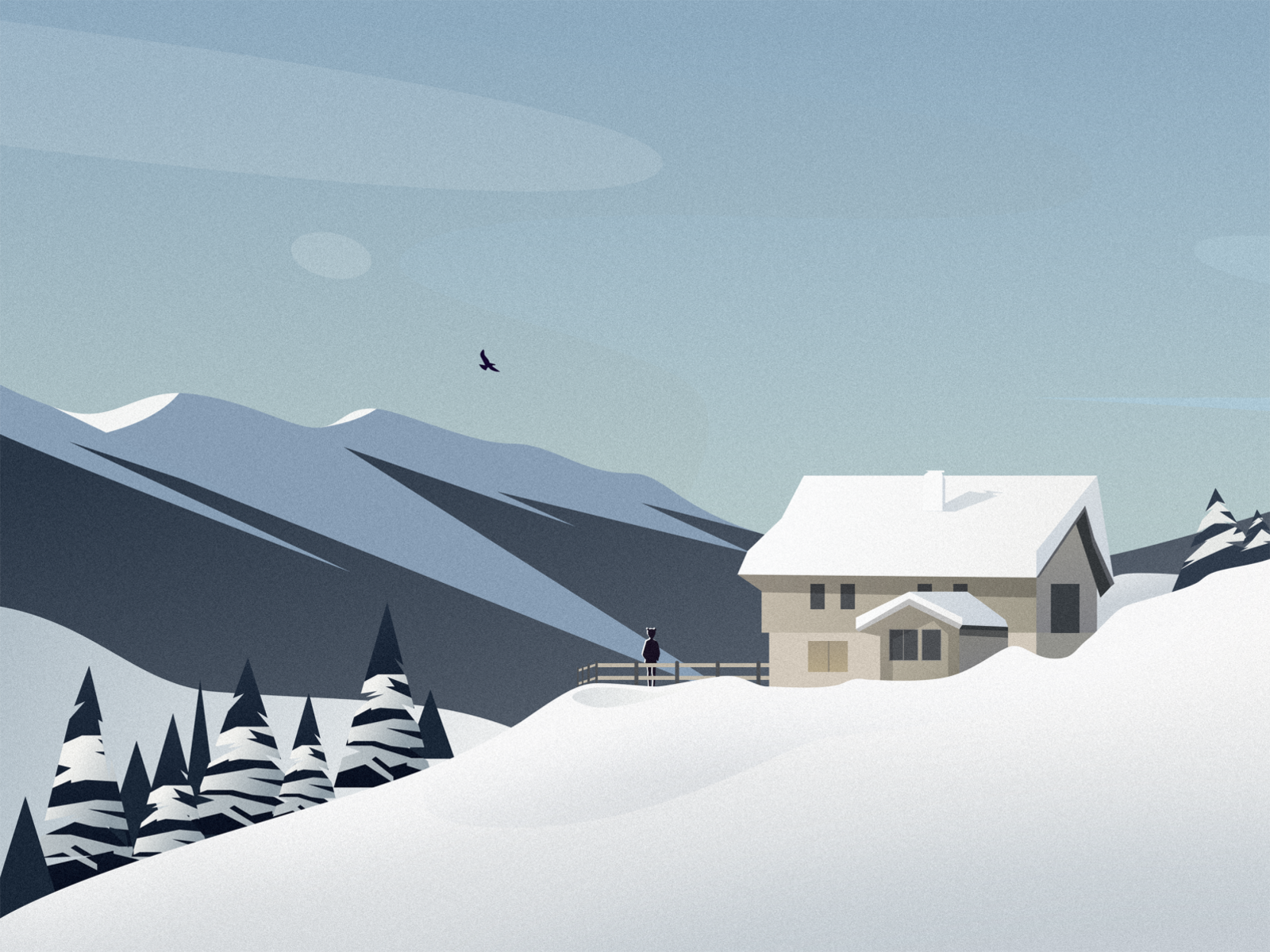 My World Is Snowing bird cloud design house illustration mountain people sky snow tree