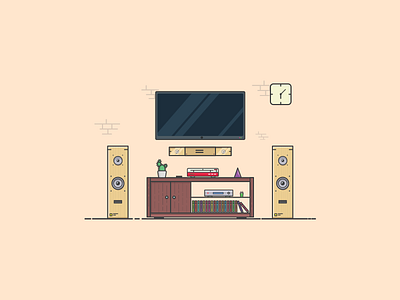 Things from past # 16 : Living Room books cactus clock design flat illustration graphic art graphic design home appliances house household icon illustration illustration art illustrator living room minimal music speakers television vector