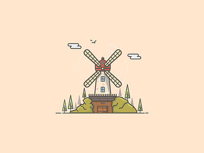 Windmill clouds colors design flat illustration forest graphic art graphic design icon icon artwork illustration illustration art illustrator minimal old old timey rust tree vector warm colors windmill