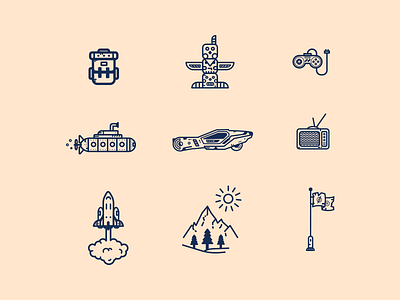 Random Icons # 01 backpack blade runner blade runner 2049 controller flash flat illustration graphic design icon illustration line art logo minimal mountain rocket space submarine television totem ui vector