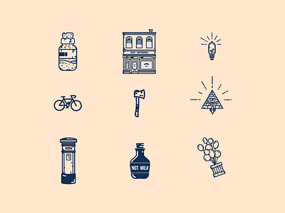 Random Icons # 02 balloons bicycle bottle box bulb flat illustration icon icon a day illuminati illustration illustration art letter line art logo medicine minimal shop spade ui vector