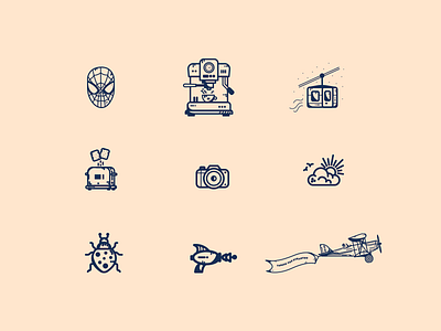 Random Icons # 03 aeroplane beetle camera cloud coffee coffee machine flat illustration gun icons illustration line art logo minimal plane rick and morty ski lift spiderman toaster ui vector