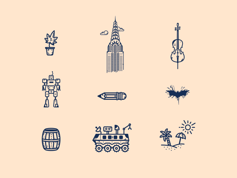 Random Icons # 05 illustration art vector ui logo icon barrel vehicle space beach pencil robot weed batman cello line art chrysler building new york flat illustration minimal illustration