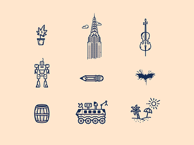 Random Icons # 05 barrel batman beach cello chrysler building flat illustration icon illustration illustration art line art logo minimal new york pencil robot space ui vector vehicle weed